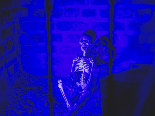 Ein Skelett in einem Kerker mit blauem Licht.