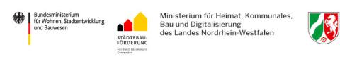 Logos: Bundesministerium für Wohnen, Stadtentwicklung und Bauwesen, Städtebauförderung, Ministerium für Heimat, Kommunales und Bau und Digitalisierung des Landes NRW